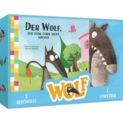 Der Wolf, der seine Farbe nicht mochte. Box mit Buch und Stofftier.