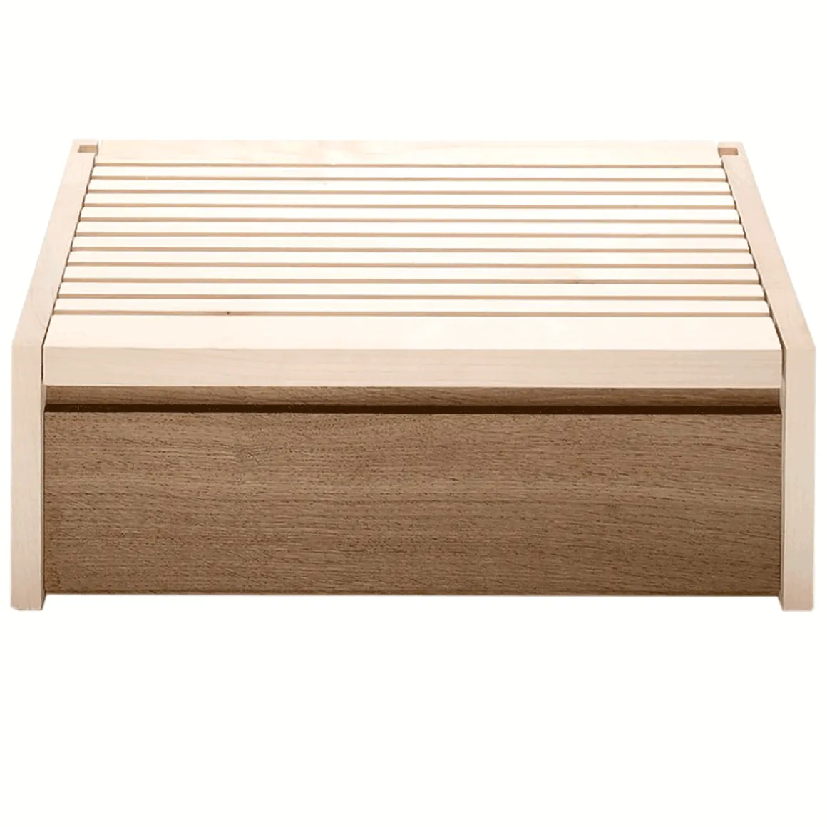 Minimalistischer Brotkasten mit Holzbrett.