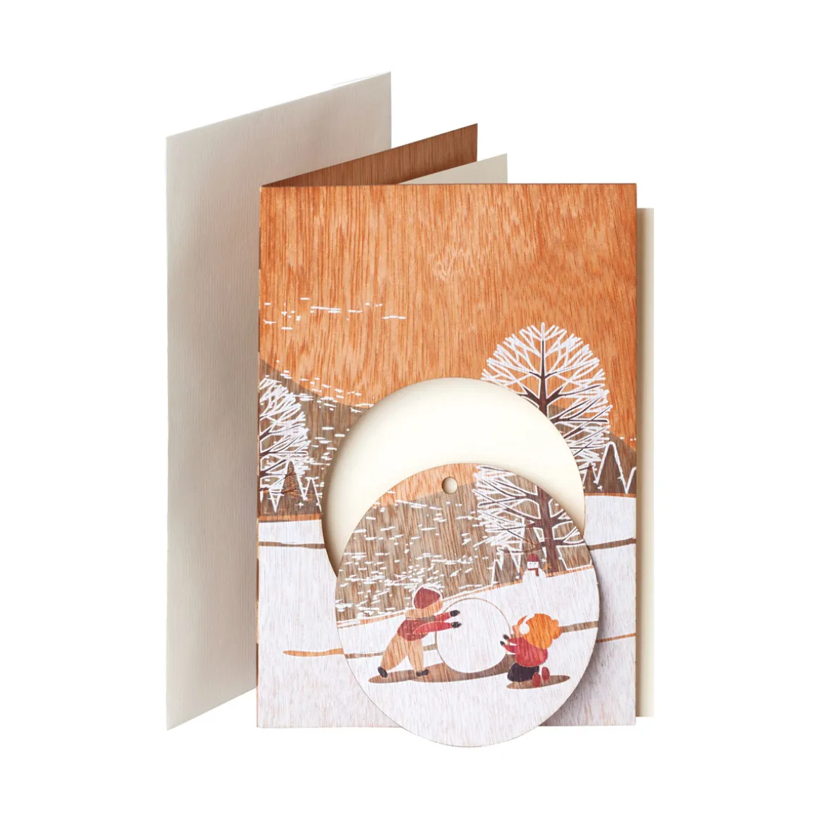 Weihnachtskarten aus Holz »Schneemann & Schlitten«, 2er-Set.